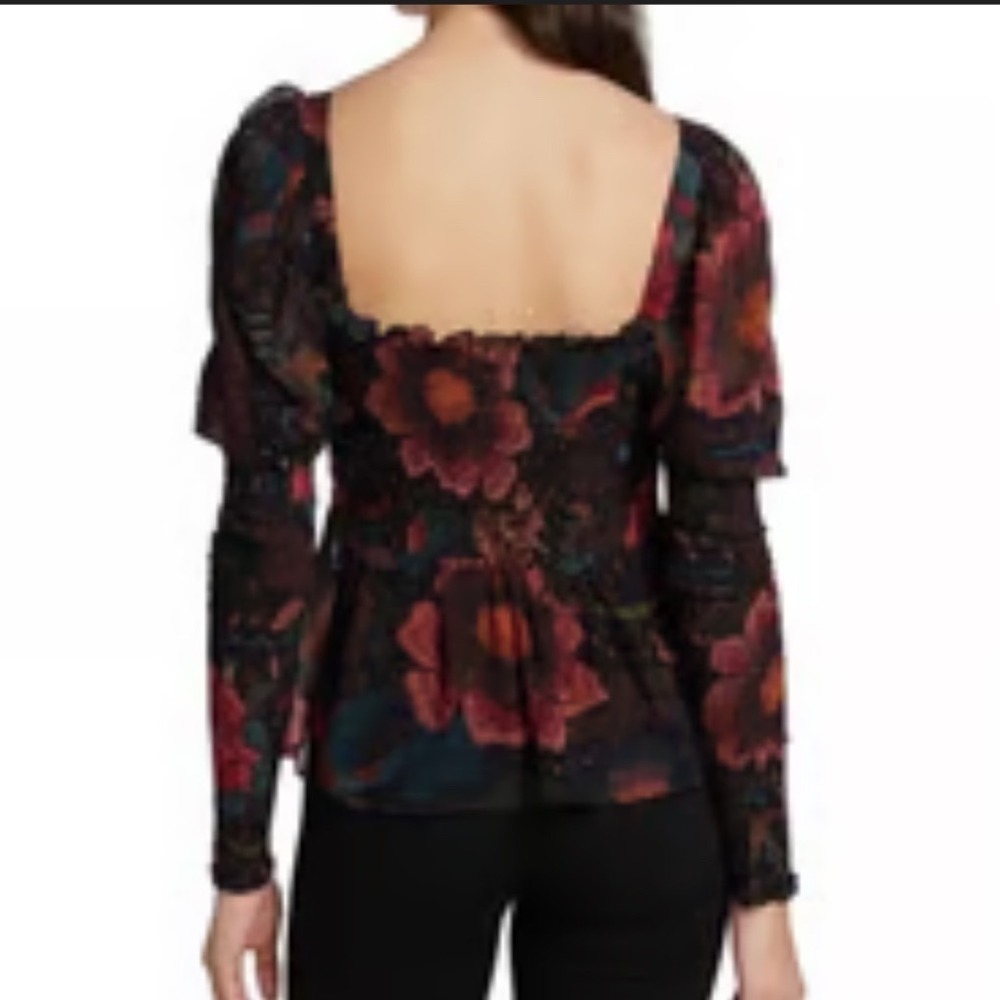 Farm Rio River Creatures Top Black Floral Smocked Long Sleeve Whimsigoth Sheer L - Picture 10 of 13